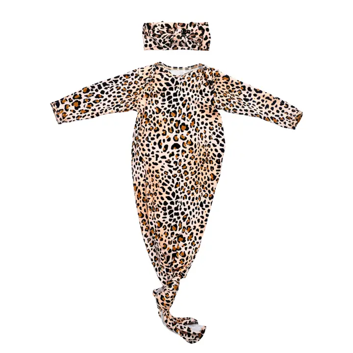 Leopard Knotted Gown w/hat or bow NB